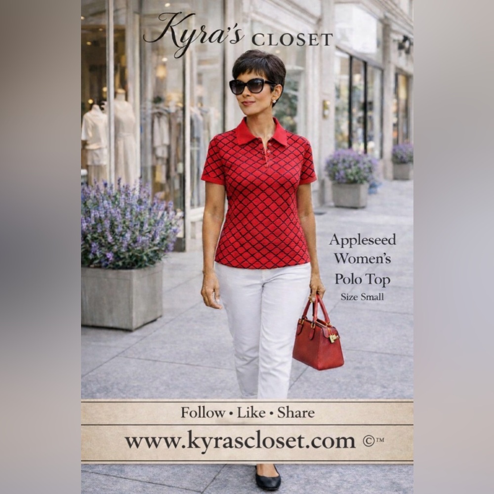 Appleseeds Women’s Polo Top Red Navy Geometric Cotton Size Small